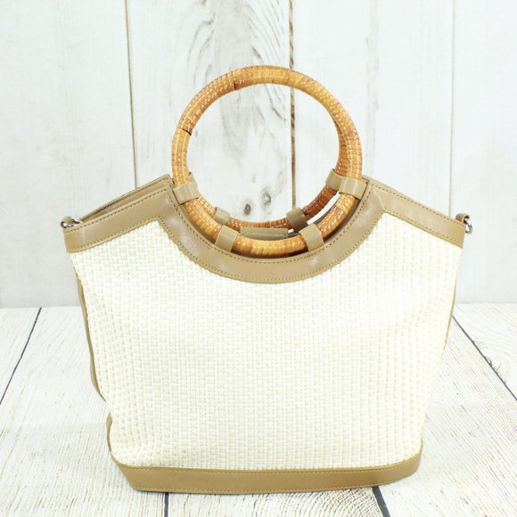Fossil White Basket Weave Wood Round Handle Leather Trim Satchel Tote Bag Purse - Picture 4 of 10